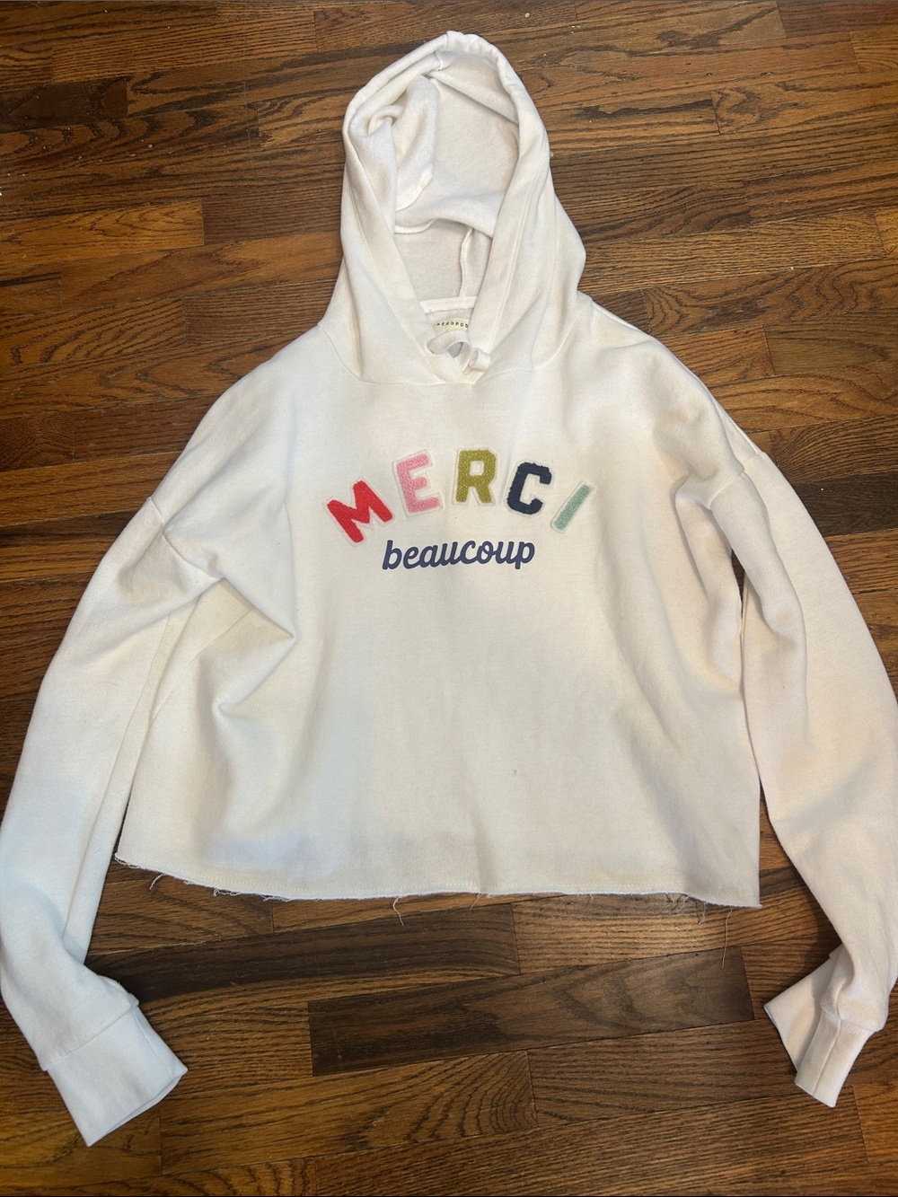 Aeropostale White Hoodie with Multicolor 'MERCI' Embroidery